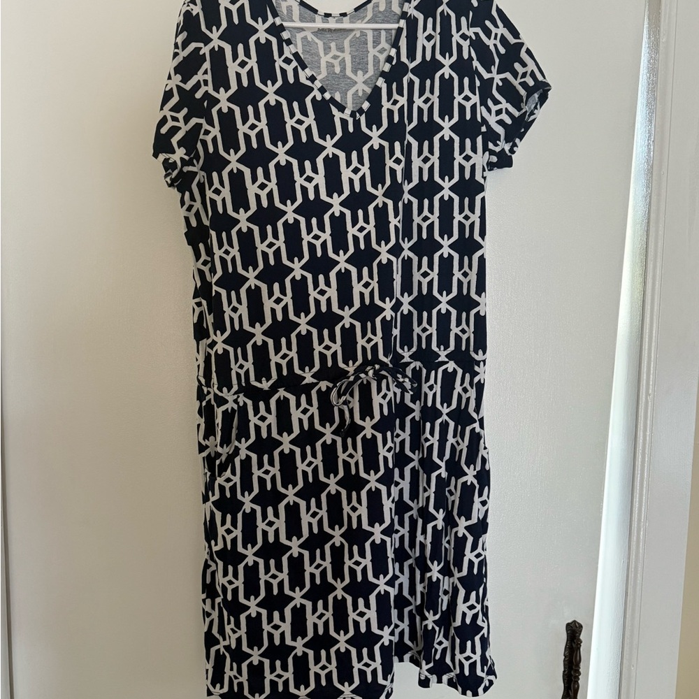 Kim Rogers Blue and White Sheath Midi Dress V-Neck